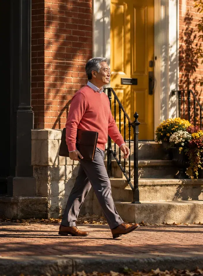 An accounting firm owner in a coral sweater walks past brick townhouse offices