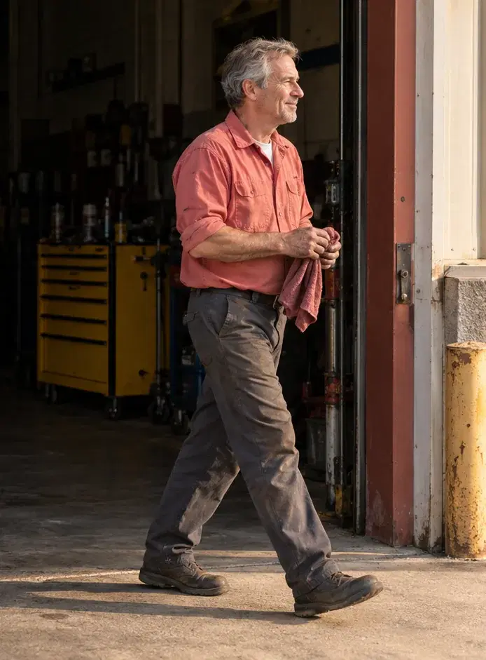 An auto repair shop owner in a coral work shirt steps out of his service bay