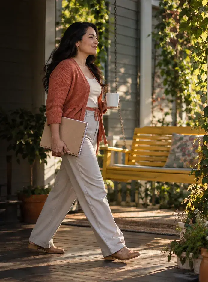 A counseling practice owner in a coral cardigan walks up to her office porch with a mug of tea