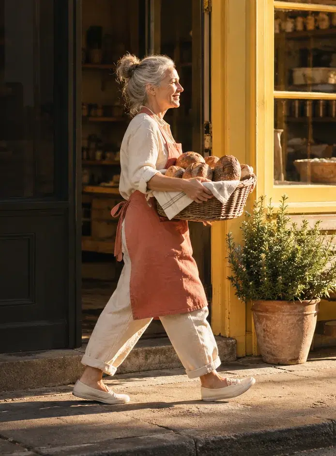 A bakery owner in a coral apron walks back to her shop with a basket of bread