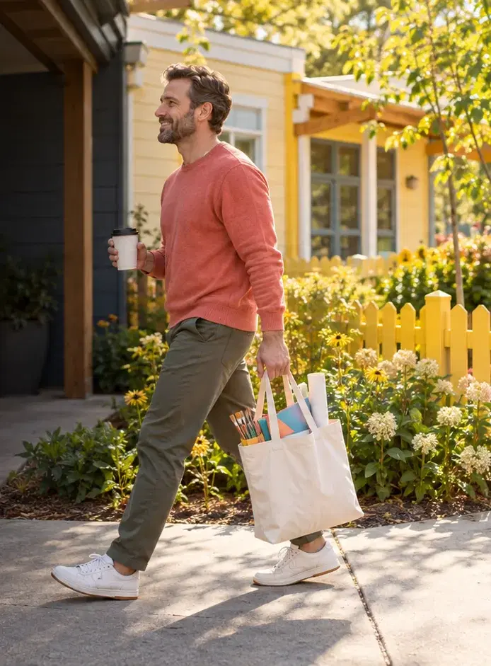 A childcare center owner in a coral sweater arrives before opening with a tote of art supplies