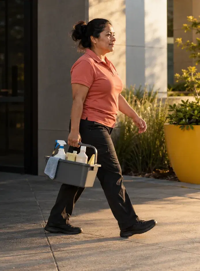 A cleaning company owner in a coral work polo carries a supply caddy past an office building