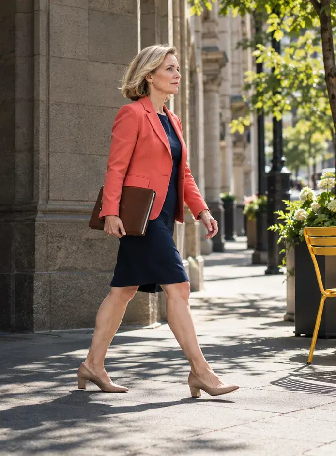A consulting firm founder in a coral blazer walks past a stone building with a notebook