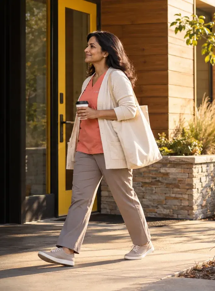 A dental practice owner in a coral scrub top walks to her office with a coffee and a tote bag