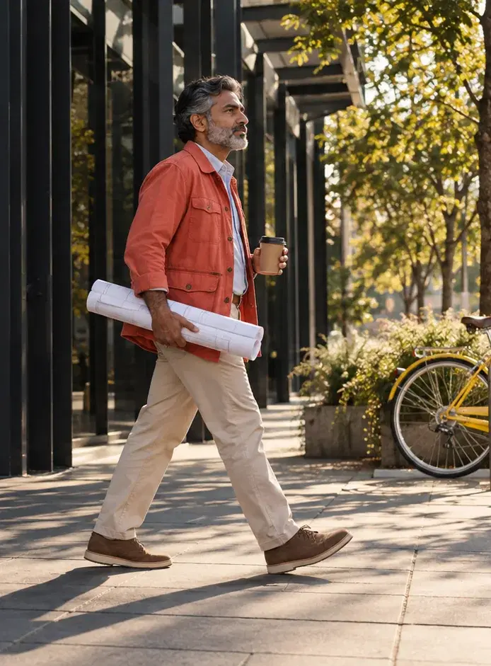 An engineering firm founder in a coral field jacket carries rolled drawings past a steel-framed office