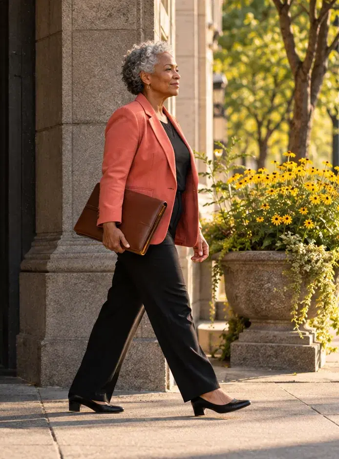 A financial advisory firm founder in a coral blazer walks past a stone office building