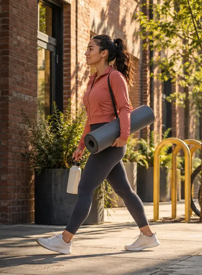 A fitness studio owner in a coral athletic jacket walks to her studio with a yoga mat