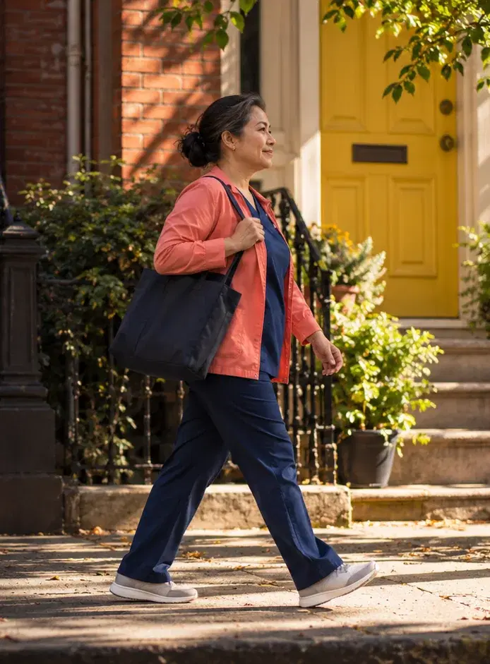 A home health agency owner in a coral scrub jacket walks along a street of row houses