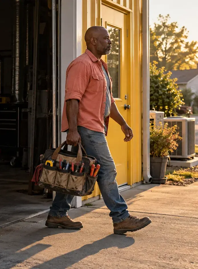 A contractor in a coral work shirt carries a tool bag out of his shop at dawn