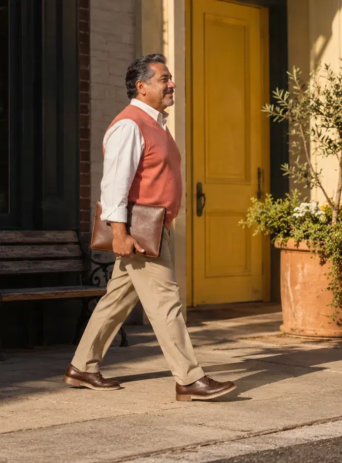An insurance agency owner in a coral sweater vest walks to his main street office