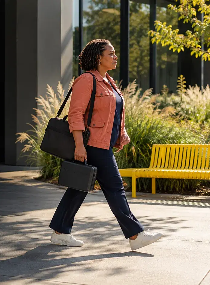 An IT services owner in a coral jacket carries a laptop bag past an office building