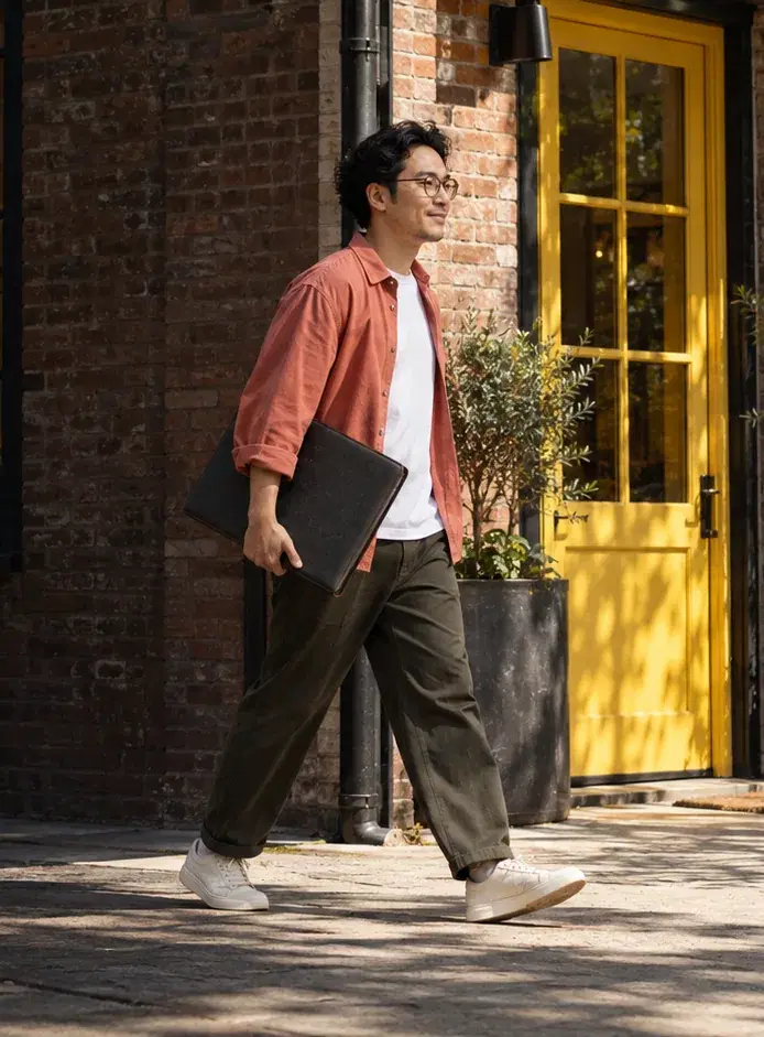 An agency founder in a coral overshirt carries a portfolio case past a brick studio
