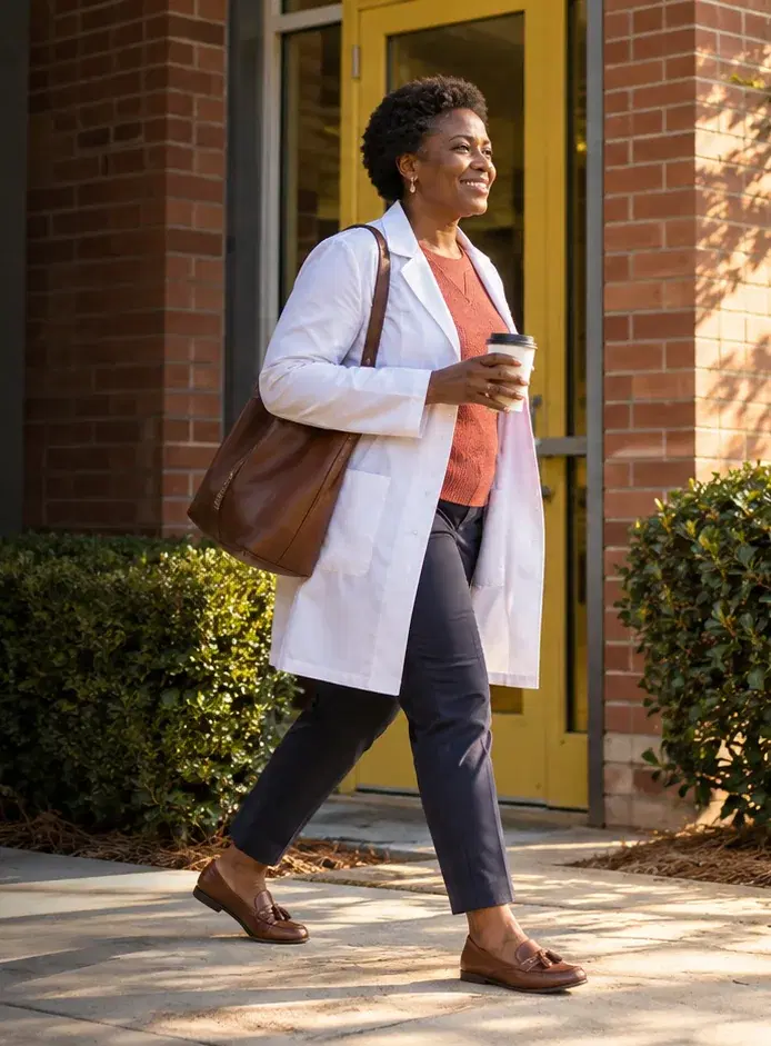 A family medicine practice owner in a white coat walks to her clinic with a coffee