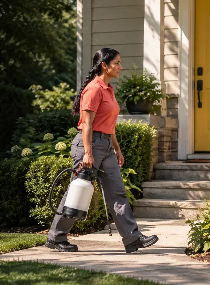 A pest control company owner in a coral uniform shirt carries a sprayer along a hedge