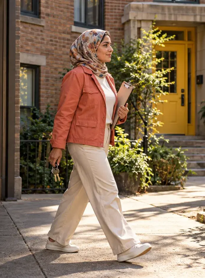 A property manager in a coral jacket checks on an apartment building with keys and a clipboard