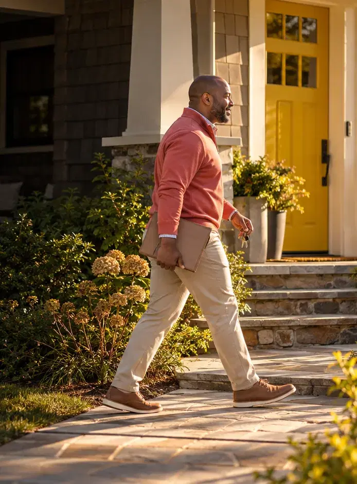 A real estate broker in a coral quarter-zip walks up to a craftsman house with keys and a folder