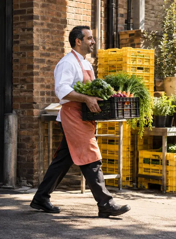 A chef and restaurant owner in a coral apron carries a crate of vegetables to the back door