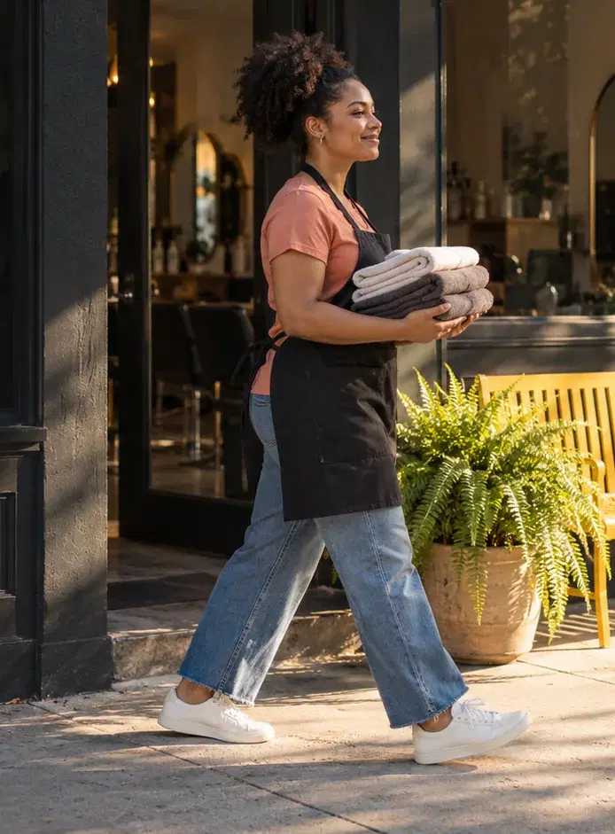 A salon owner in a coral top carries a stack of towels to open her salon