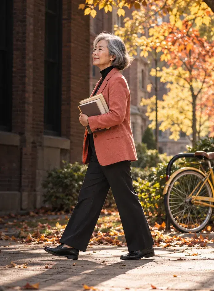 A tutoring center owner in a coral blazer carries a stack of books along a brick street