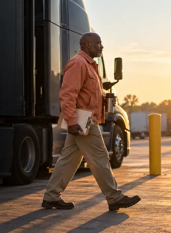 A trucking company owner in a coral jacket walks to an unmarked truck at dawn