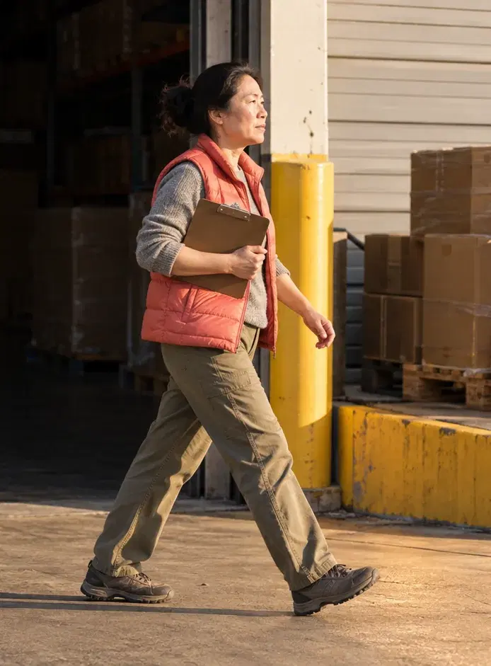 A wholesale distributor in a coral puffer vest walks along her loading dock with a clipboard
