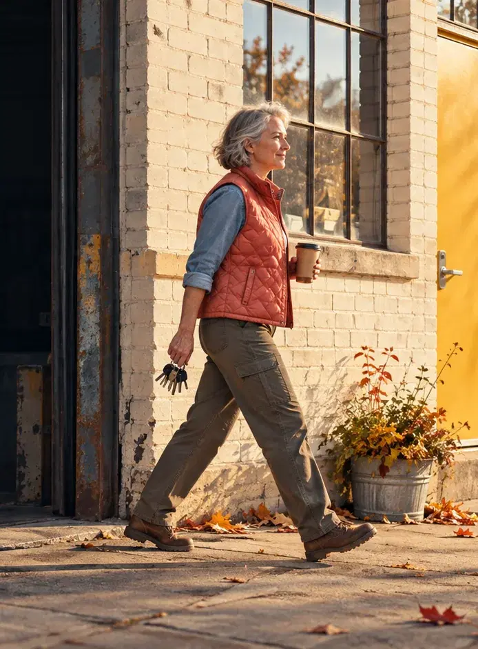 A workshop owner in a coral vest walks past a cream-brick building on an autumn morning, coffee and keys in hand