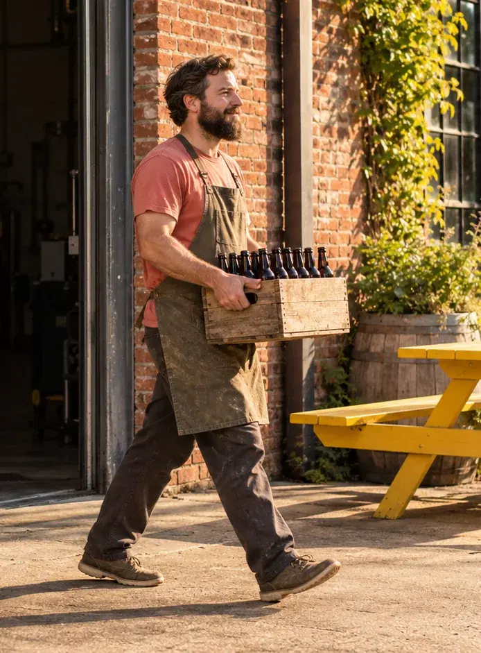 A brewery owner in a coral work shirt carries a case of unlabeled bottles to the taproom