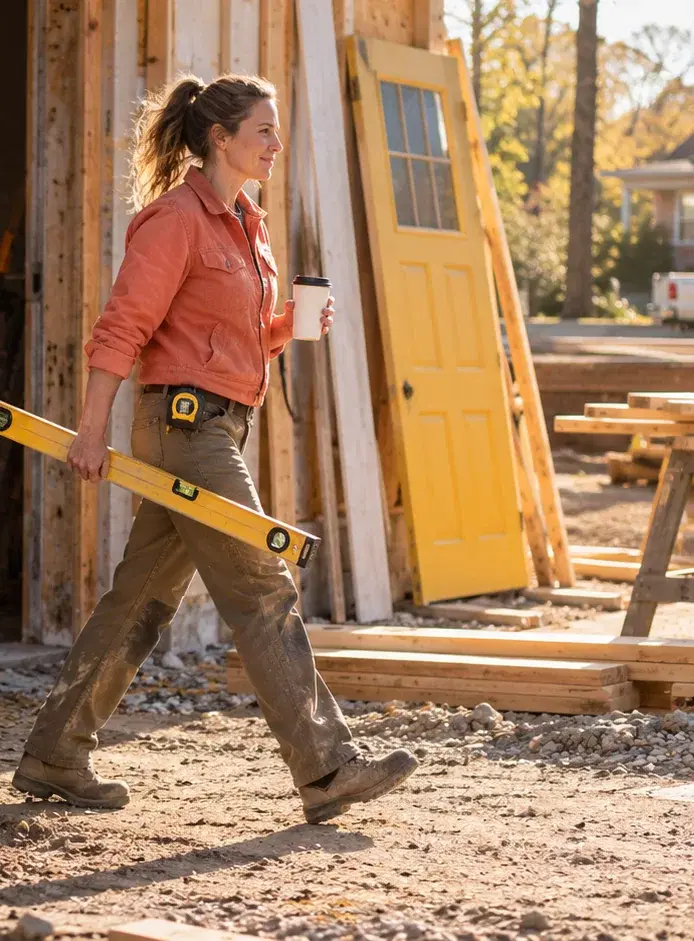A remodeling contractor in a coral work jacket carries a level past a house under renovation