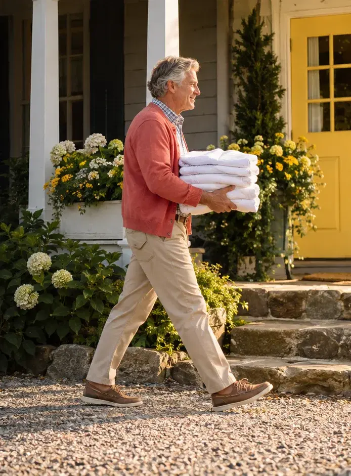 An innkeeper in a coral cardigan carries fresh linens across the porch of a small inn