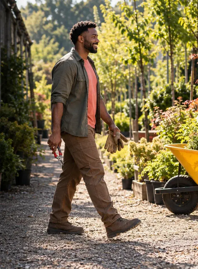 A landscaping owner in a coral T-shirt walks through a plant nursery with pruning shears
