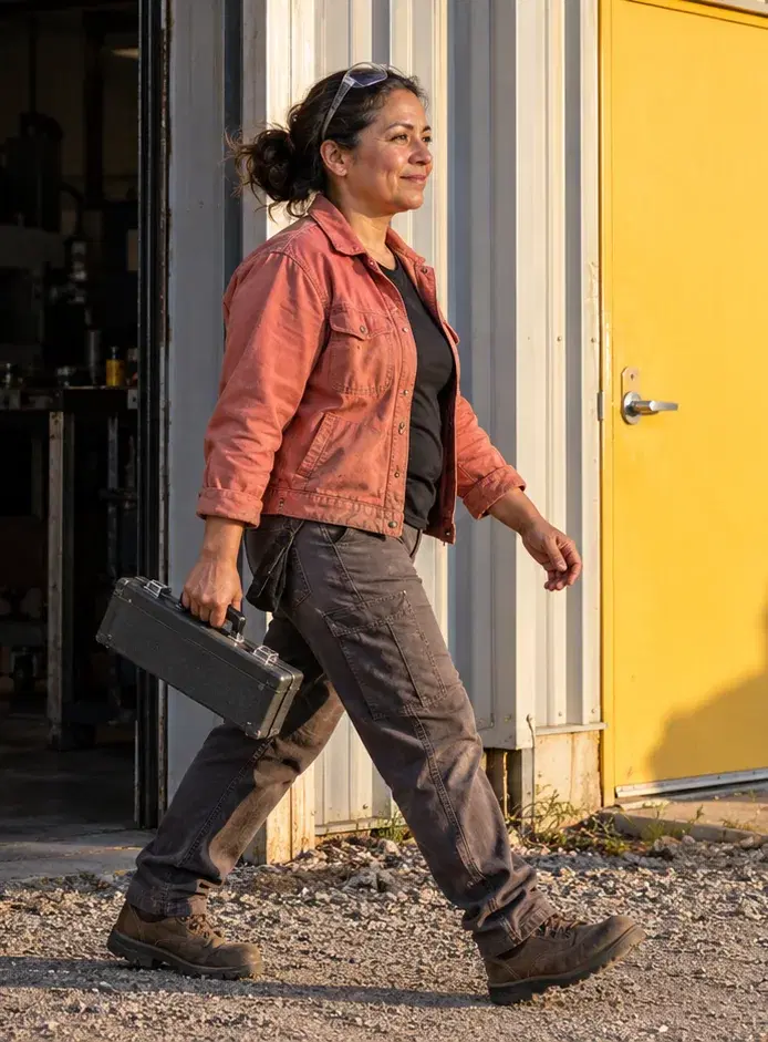 A machine shop owner in a coral jacket walks past her shop’s open roll-up door
