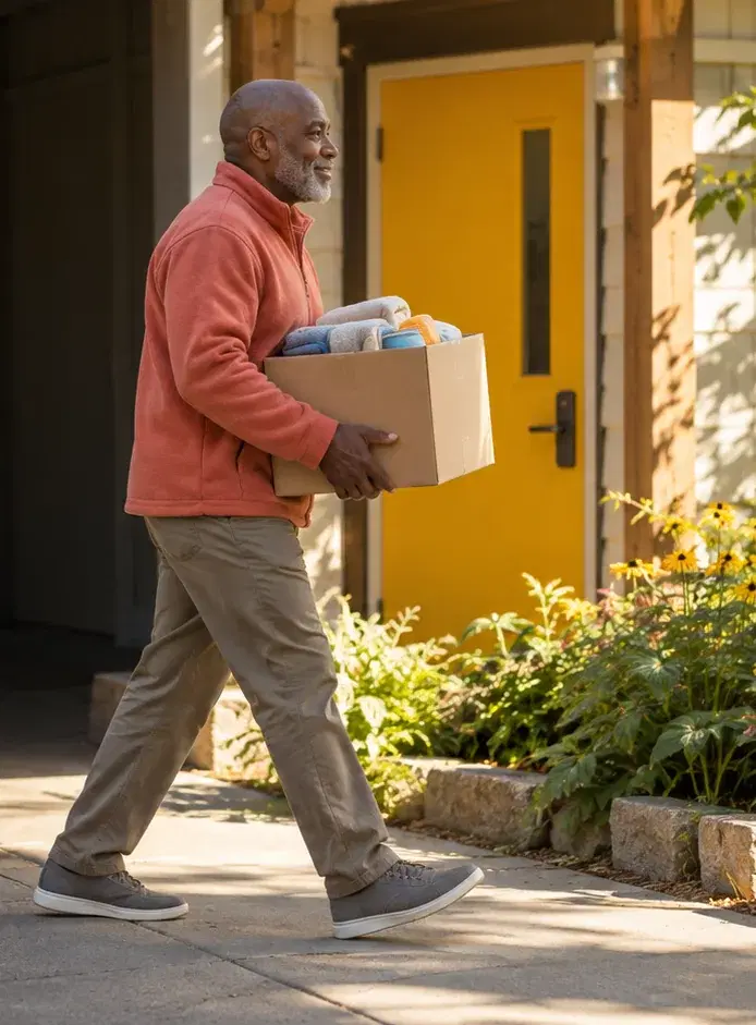 A nonprofit director in a coral fleece carries a box of supplies into a community center