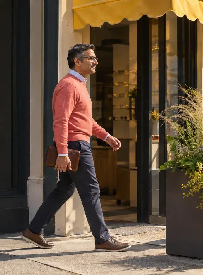 An optometrist in a coral sweater walks past his optical shop's dark display window