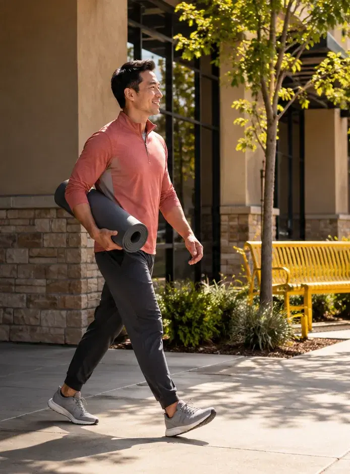 A physical therapy clinic owner in a coral quarter-zip carries an exercise mat to his clinic