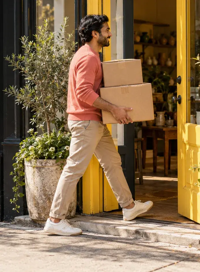 A shop owner in a coral sweater carries new stock into his boutique
