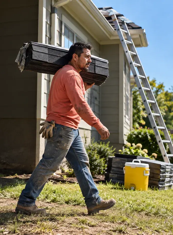 A roofing contractor in a coral work shirt carries a bundle of shingles beside a house