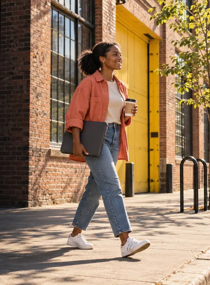 A startup founder in a coral overshirt walks past a brick warehouse office with a coffee
