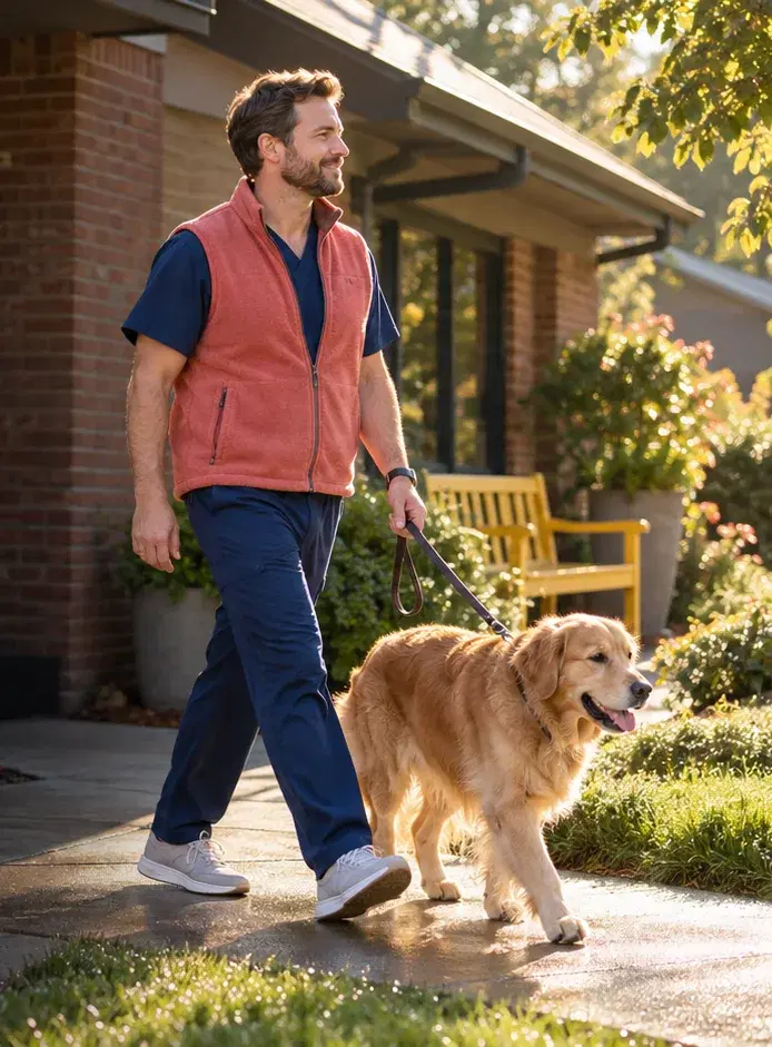 A veterinarian in a coral vest walks a golden retriever past a small brick clinic