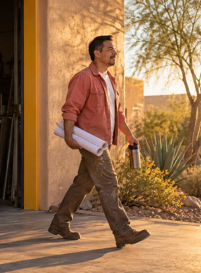 A trades business owner in a coral jacket walks out of his workshop at sunrise, past desert plants