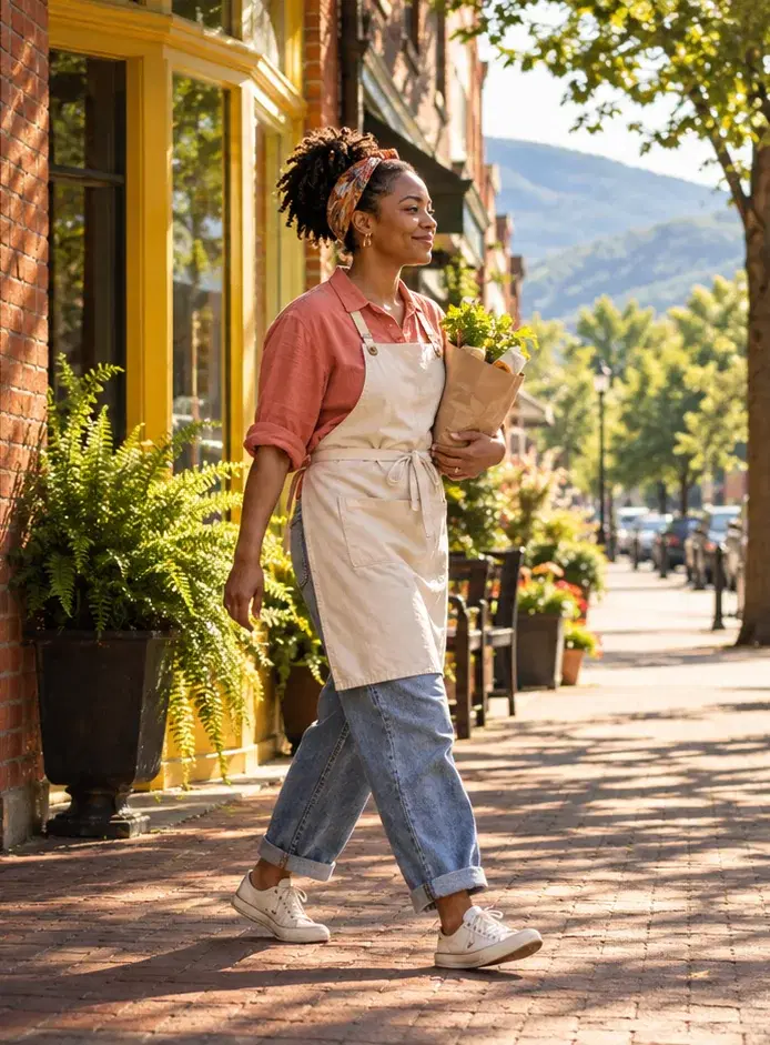 A café owner in a coral shirt and apron walks down a red-brick street with mountains in the distance